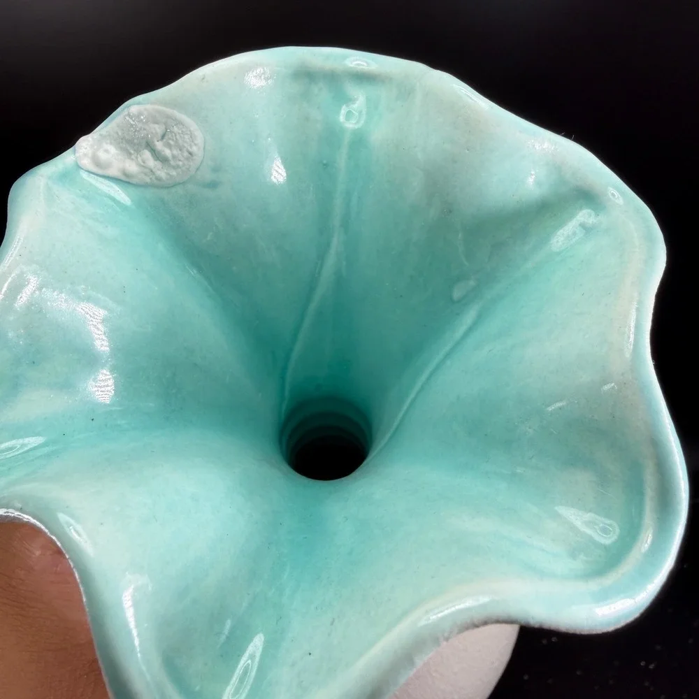 Haeger Pottery 3043 USA Vintage White Textured Turquoise Interior Ruffled Vase